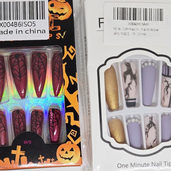NIB SET OF 2 HALLOWEEN THEME PARTY/DECOR COFFIN STILETTO PRESS ON NAILS 48 TOTAL - Picture 4 of 6